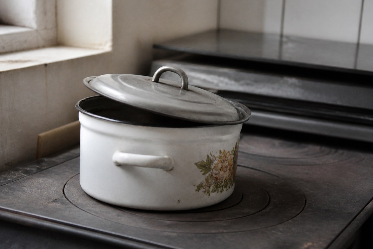 A heavy pot lid resting askew on the rim of an enamel pot