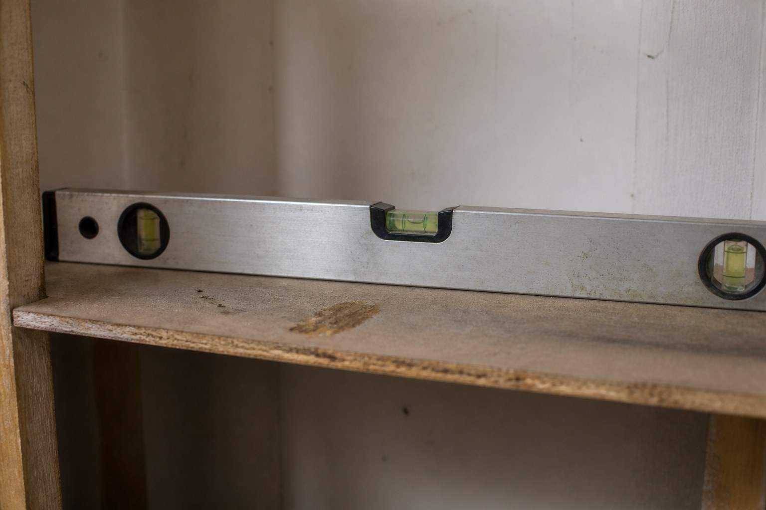 A spirit level on an unfinished shelf with the bubble off centre