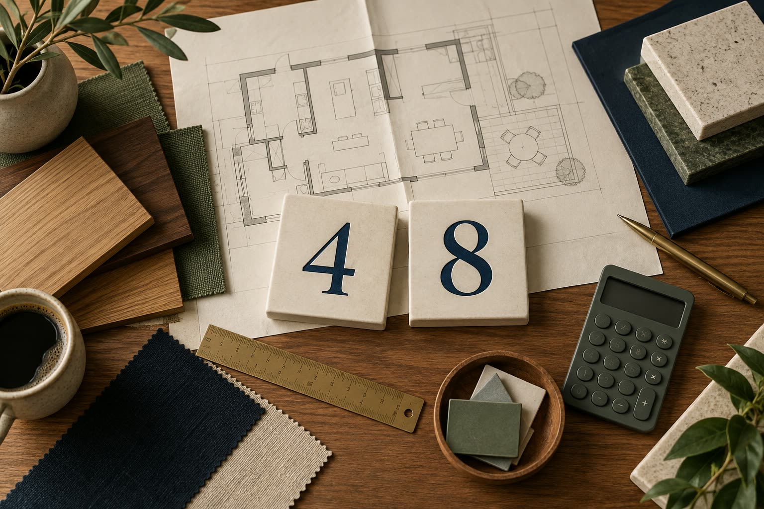 Illustration of blocks numbered 4 and 8 beside a floor plan and building material samples