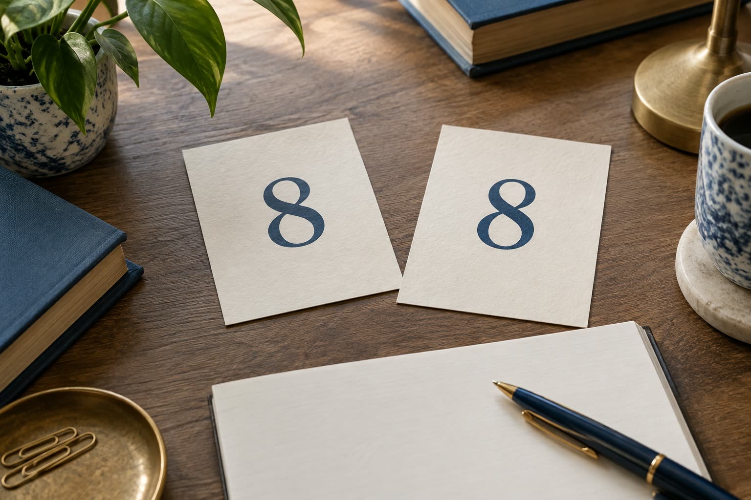 Two separate calculation cards each marked with the number 8 beside a shared blank planning sheet