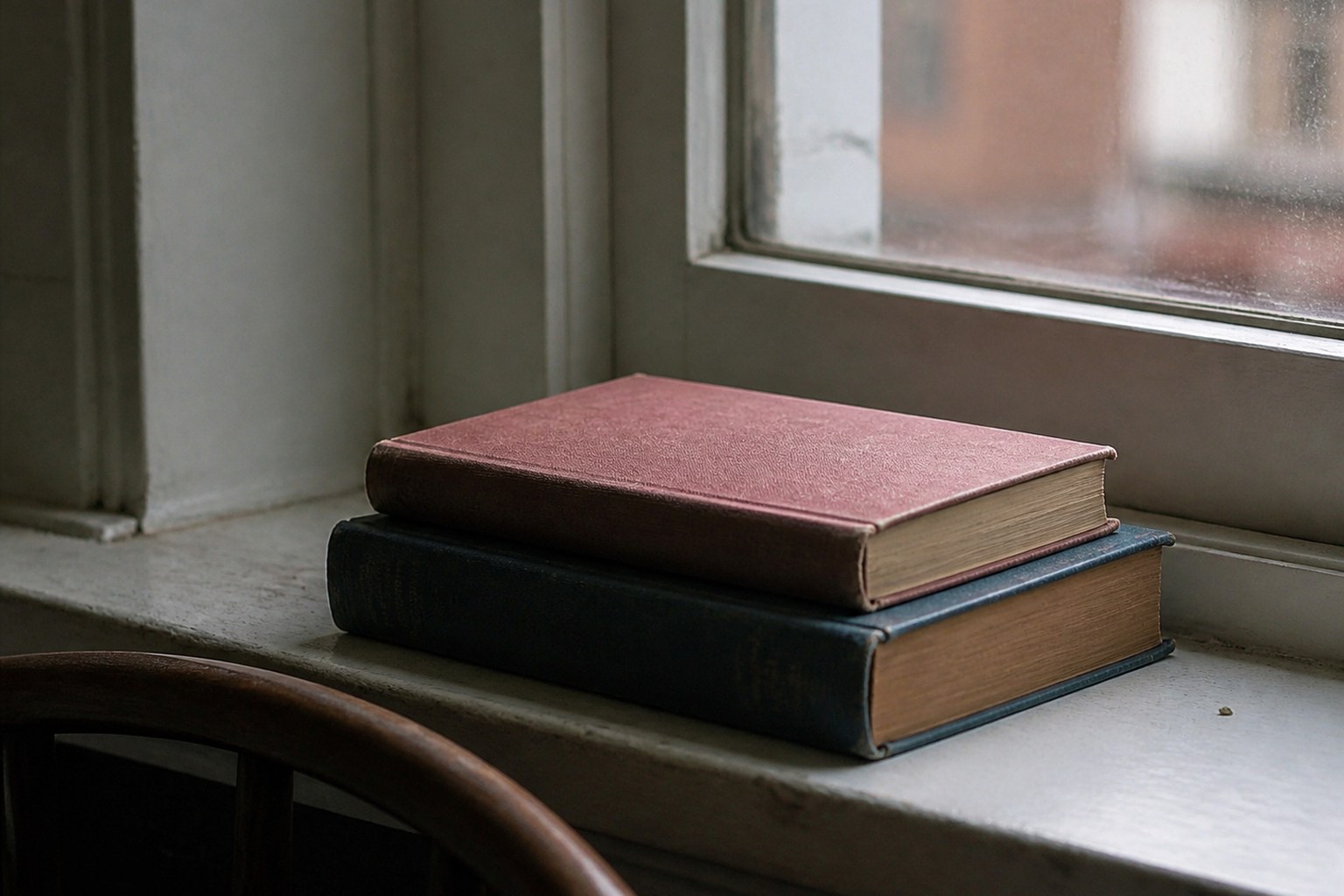 Two closed hardbacks lying one on the other on a windowsill in late light