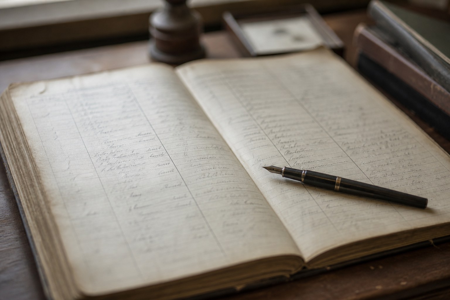 A worn paper register lying open on a desk with its ruled columns out of focus and a fountain pen resting across the page