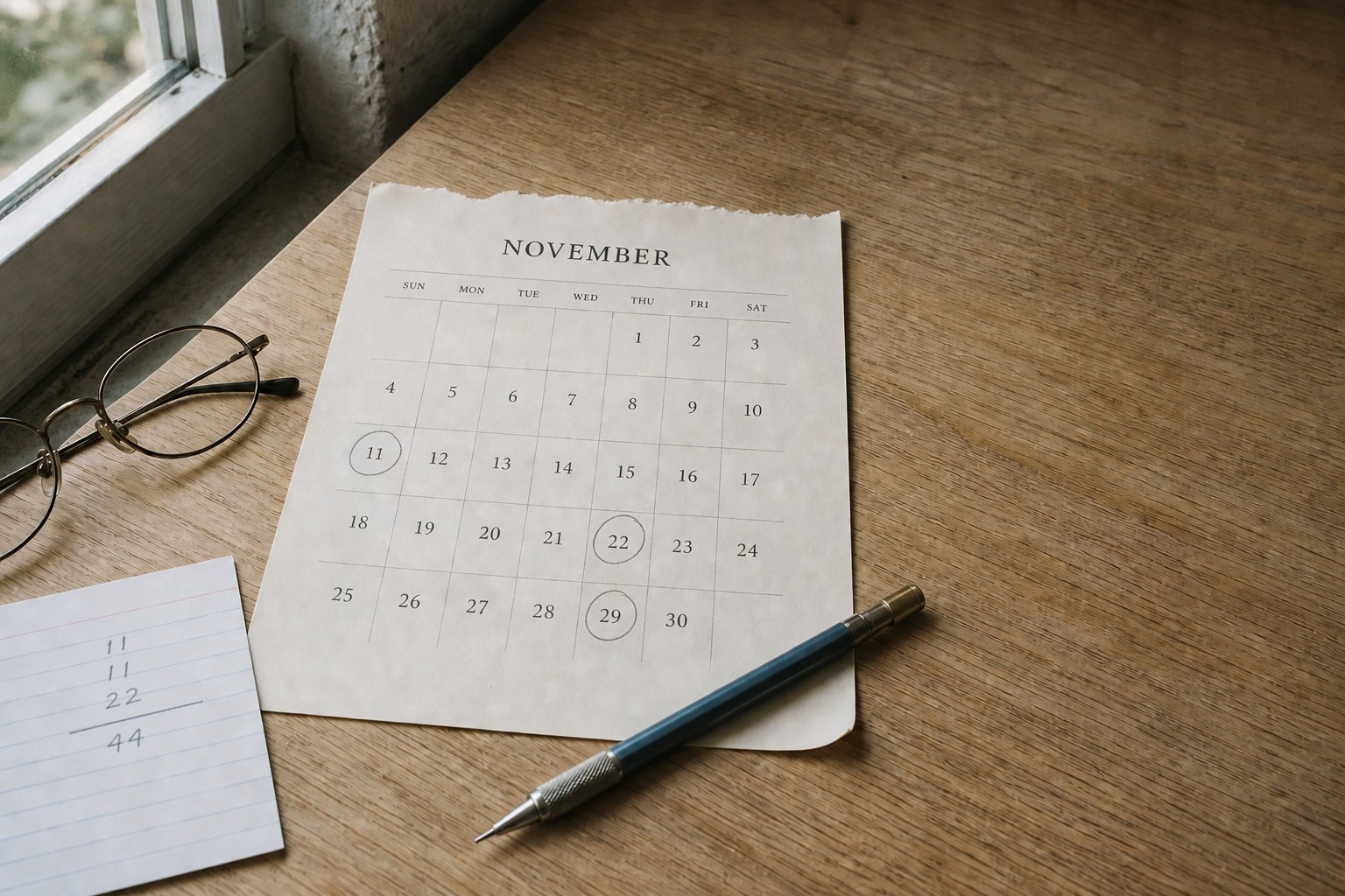 A torn-off November calendar page on a wooden table by a window, with the 11th, 22nd and 29th circled in pencil, next to a lined index card adding 11, 11 and 22 to 44