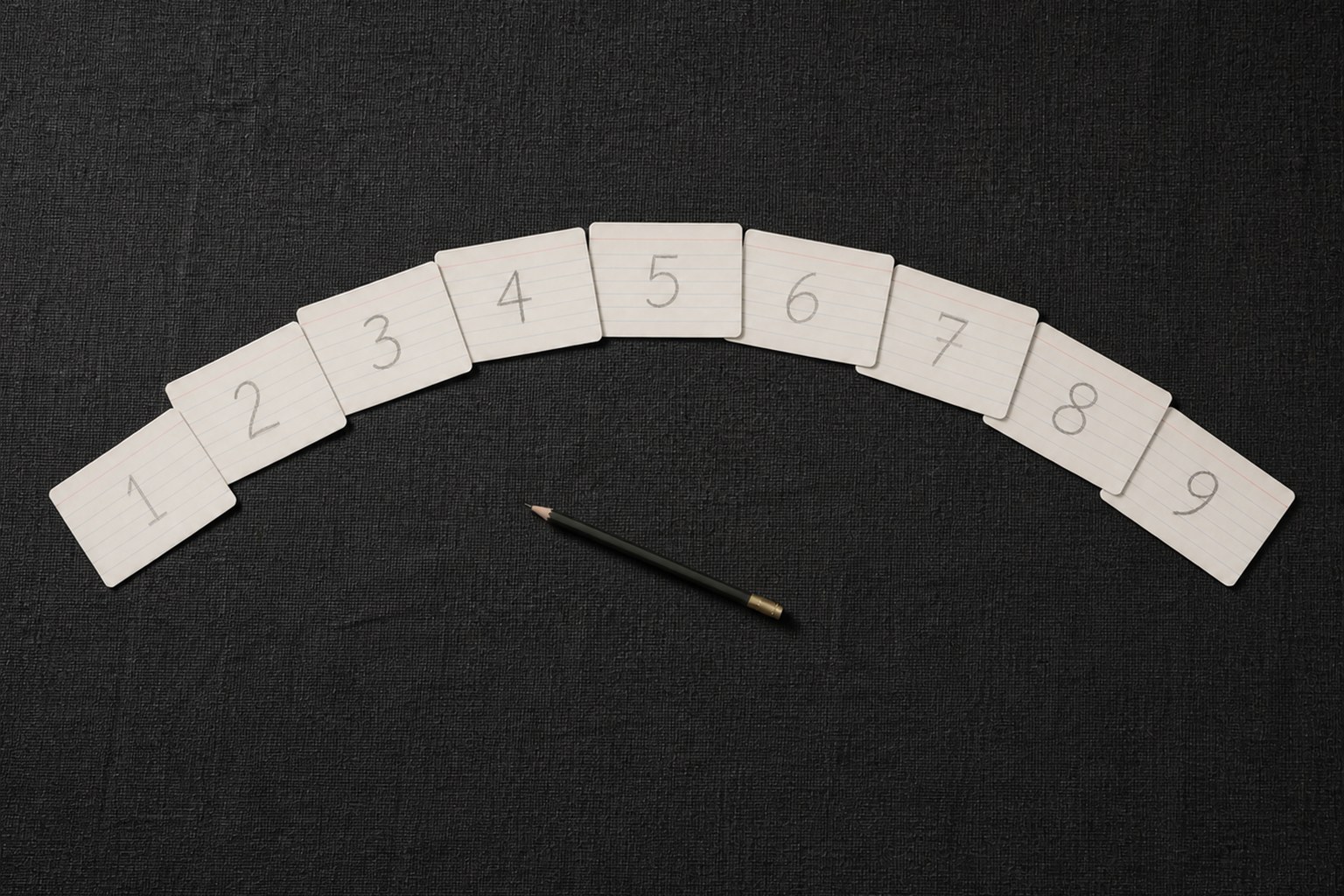 Nine lined index cards laid in a curve on dark charcoal linen, each marked with a pencil numeral from 1 to 9, with a single pencil resting below the arc