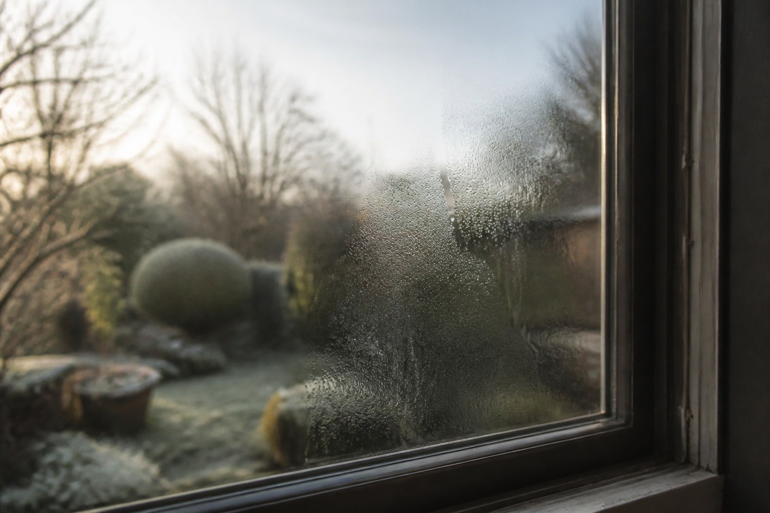Breath condensed into a patch of mist on a cold windowpane in morning light, with a frosted garden softly out of focus beyond