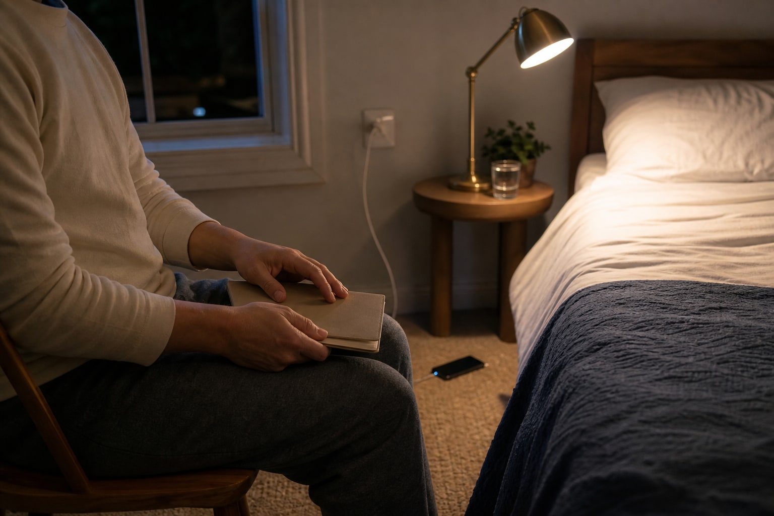 Person closing a small notebook beside a prepared bed under one warm lamp before sleep