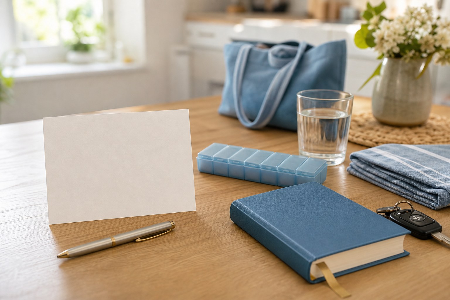 A blank consent card, prayer book, pill organizer, water, folded cloth, and car keys on a bright care table