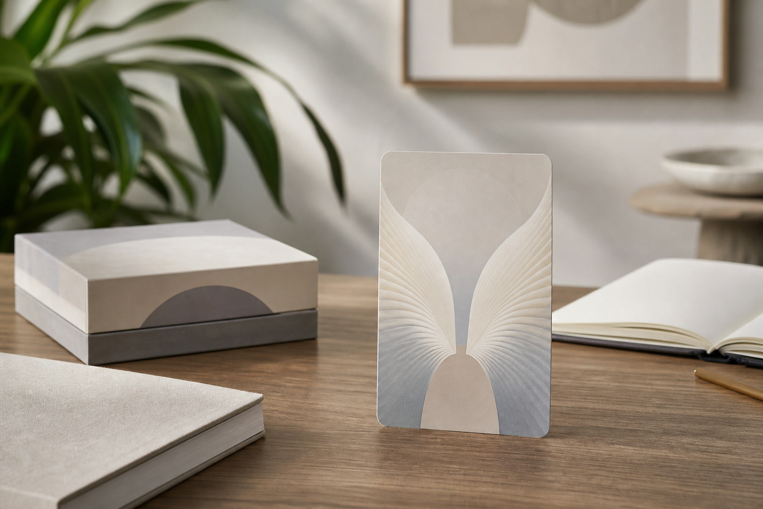 Single abstract oracle card beside a blank journal, guidebook, and deck box