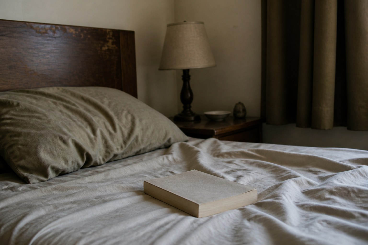 A bedside lamp switched off with a paperback face down on the covers, curtain drawn