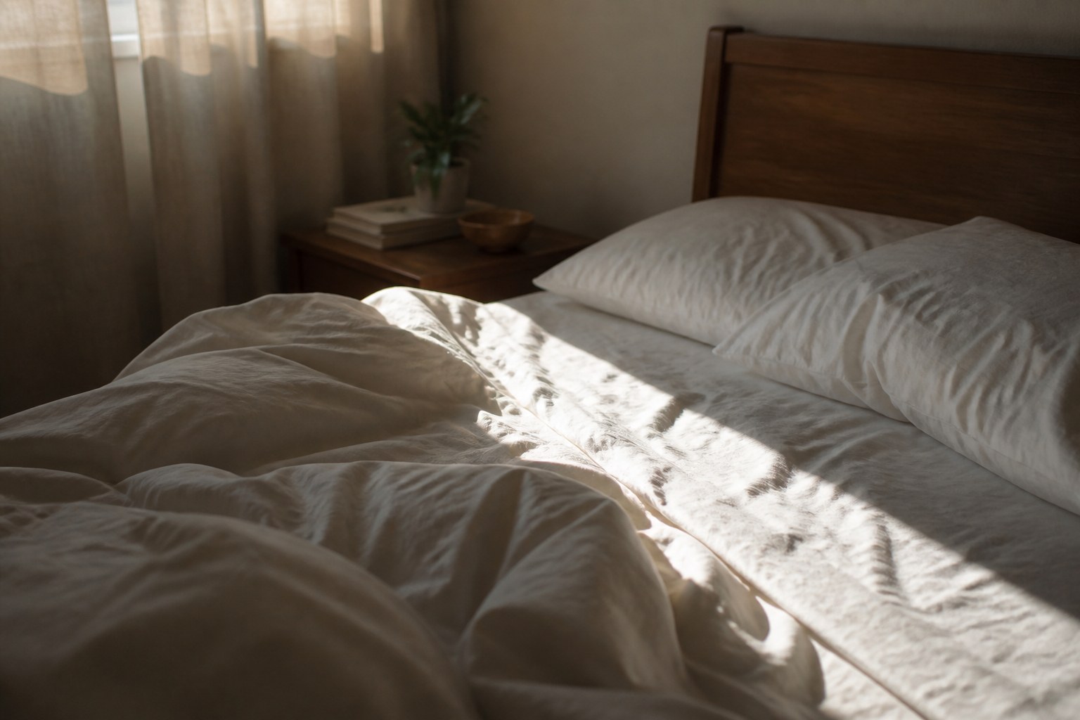 A bed in warm early sunlight with the covers pushed back and a broad band of sun falling across the rumpled sheets