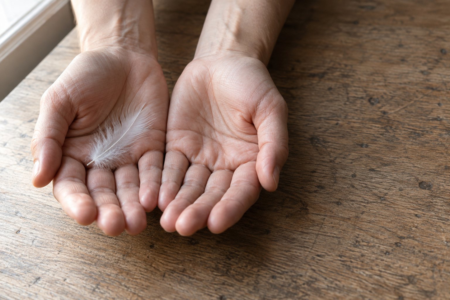 Two cupped empty hands held open in soft daylight above a plain wooden table, with a single small white feather resting on one palm