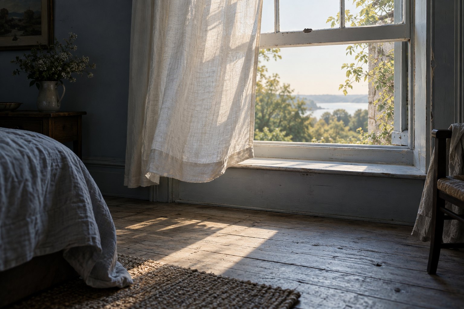 An open sash window seen from inside a bedroom, with a linen curtain drawn back and daylight falling across the empty sill and floorboards