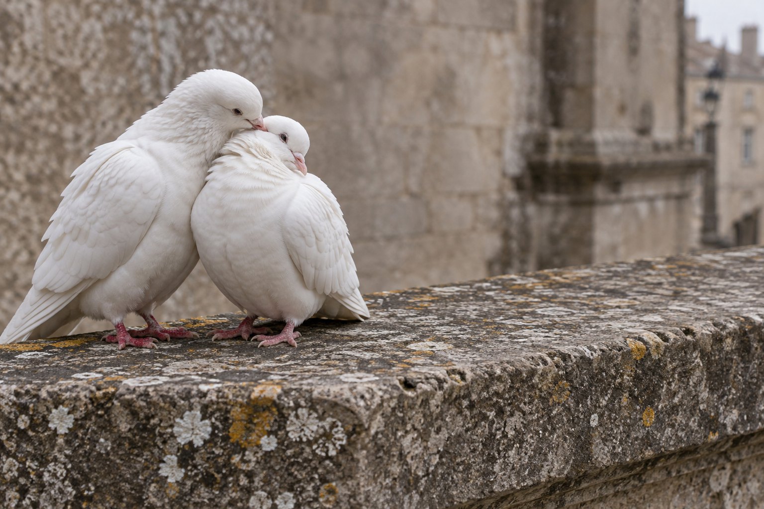 Two white doves perched close together on a weathered stone ledge, one preening the other's neck feathers