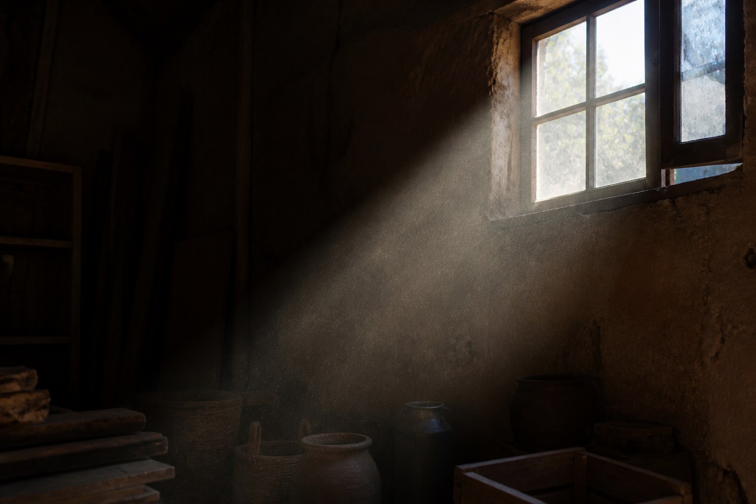 A hard beam of sunlight cutting through a dusty window into a dark room