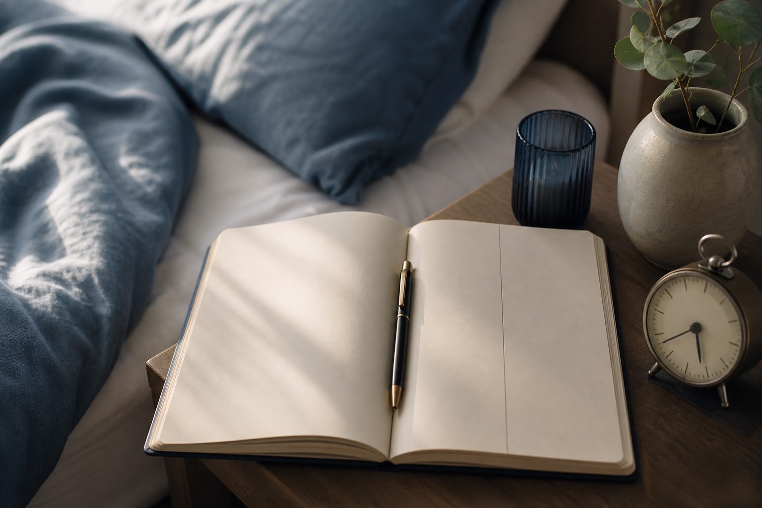 An open blank notebook on a bedside table, its page ruled into columns, with a pen, an alarm clock, and a glass beside it