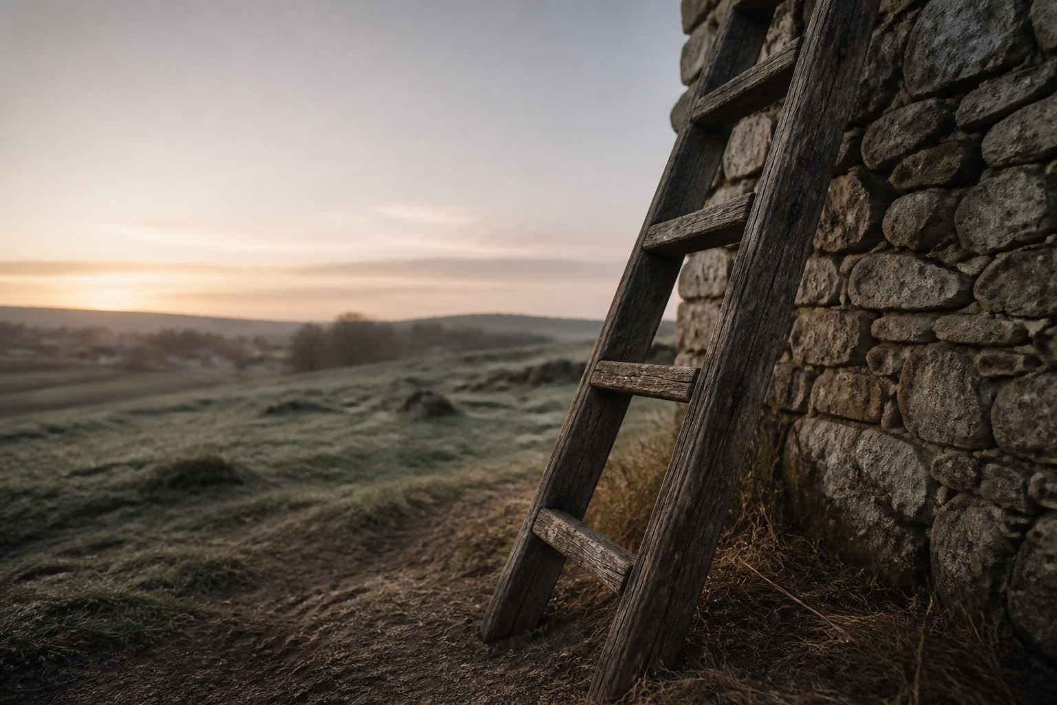 A weathered wooden ladder leaning against a drystone wall in an open field at dawn, its foot resting on bare earth