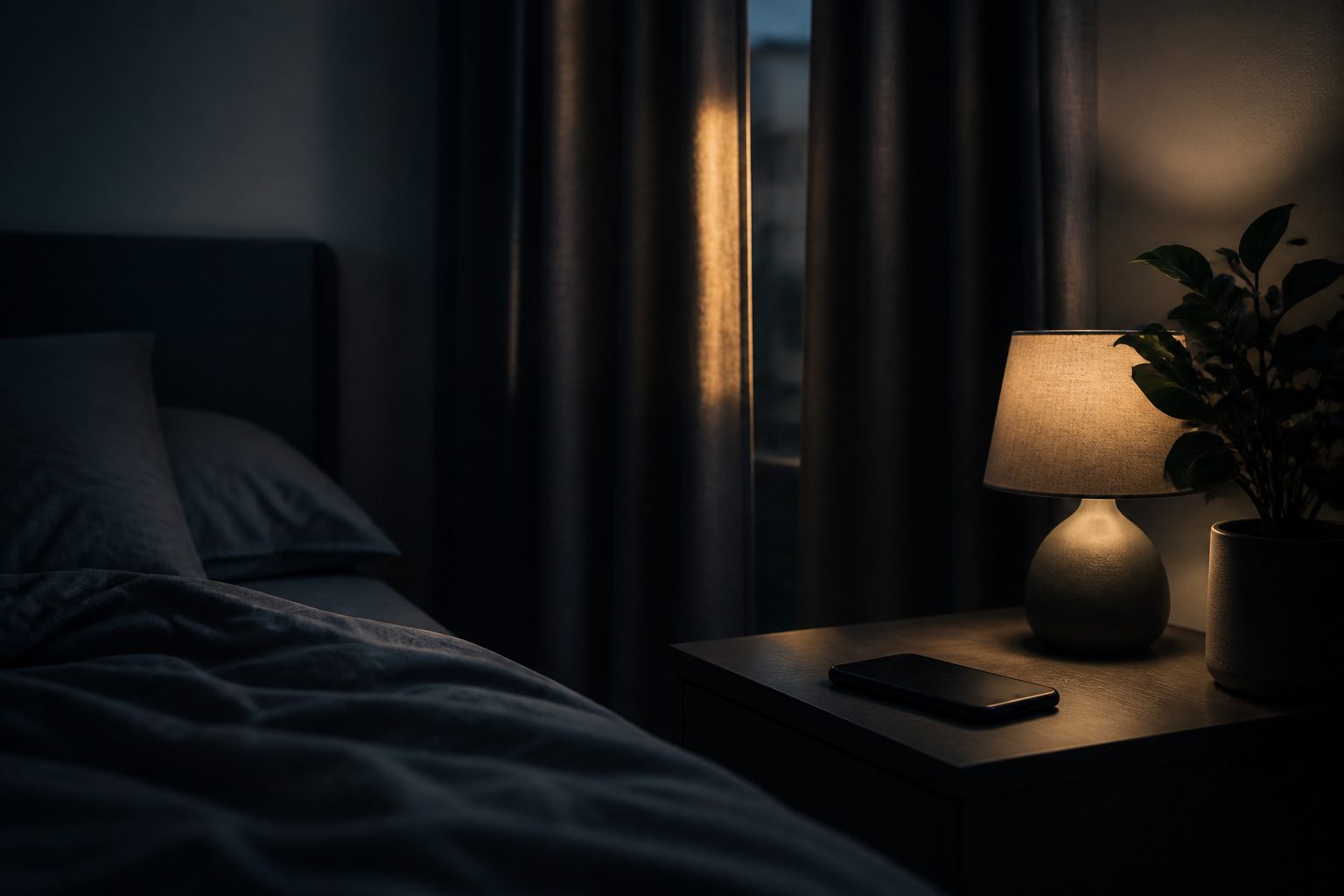 A dark bedroom with a bedside lamp on low, a band of streetlight through a gap in the curtains, and a phone lying face down