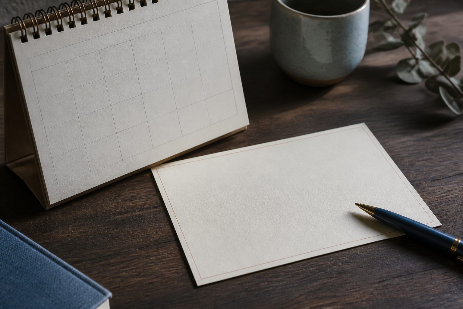 A blank desk calendar standing open beside a blank dated card and a pen