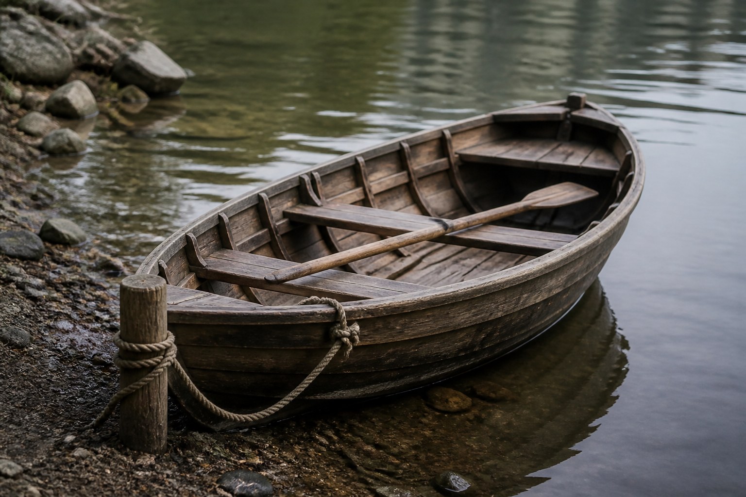 An empty wooden rowing boat moored at a river bank with its oars shipped, the rope tied to a post