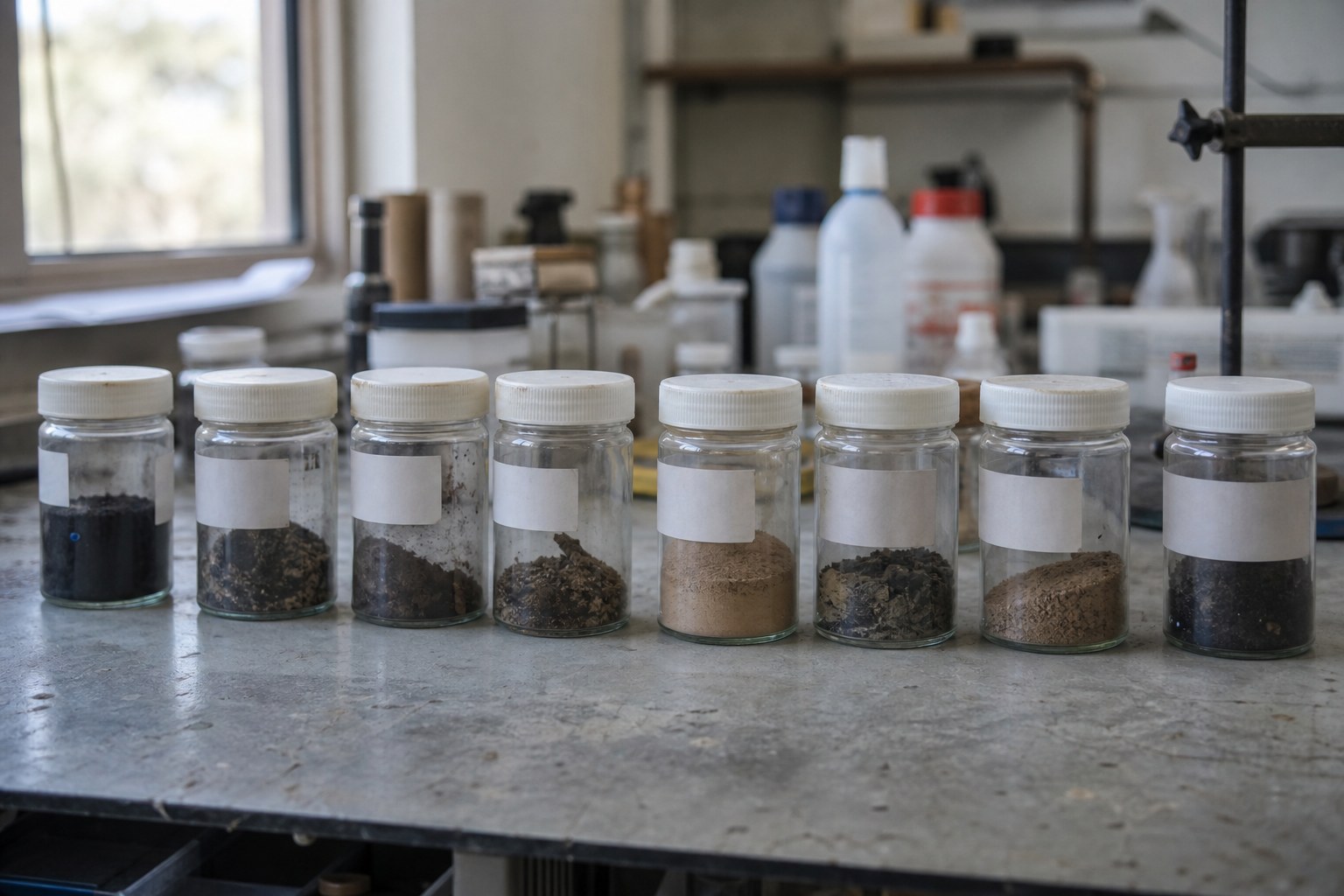 A row of small labelled sample jars on a laboratory bench