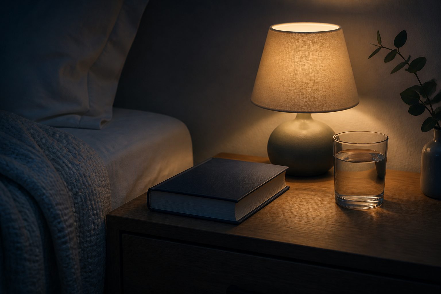 A bedside table at night with a lamp turned low, a closed hardback book, and a glass of water