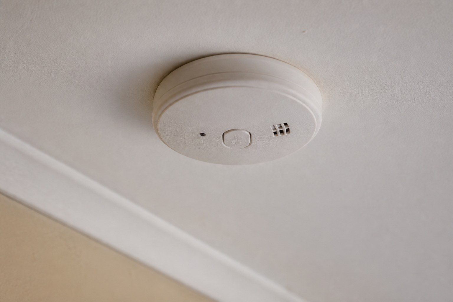 A domestic smoke alarm on a white ceiling with its test button visible