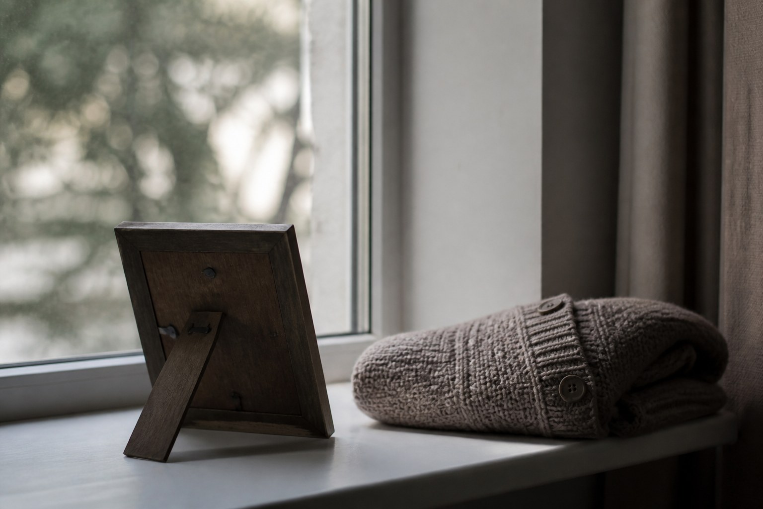 A wooden picture frame standing on a windowsill seen from behind, with a folded knitted cardigan on the sill beside it