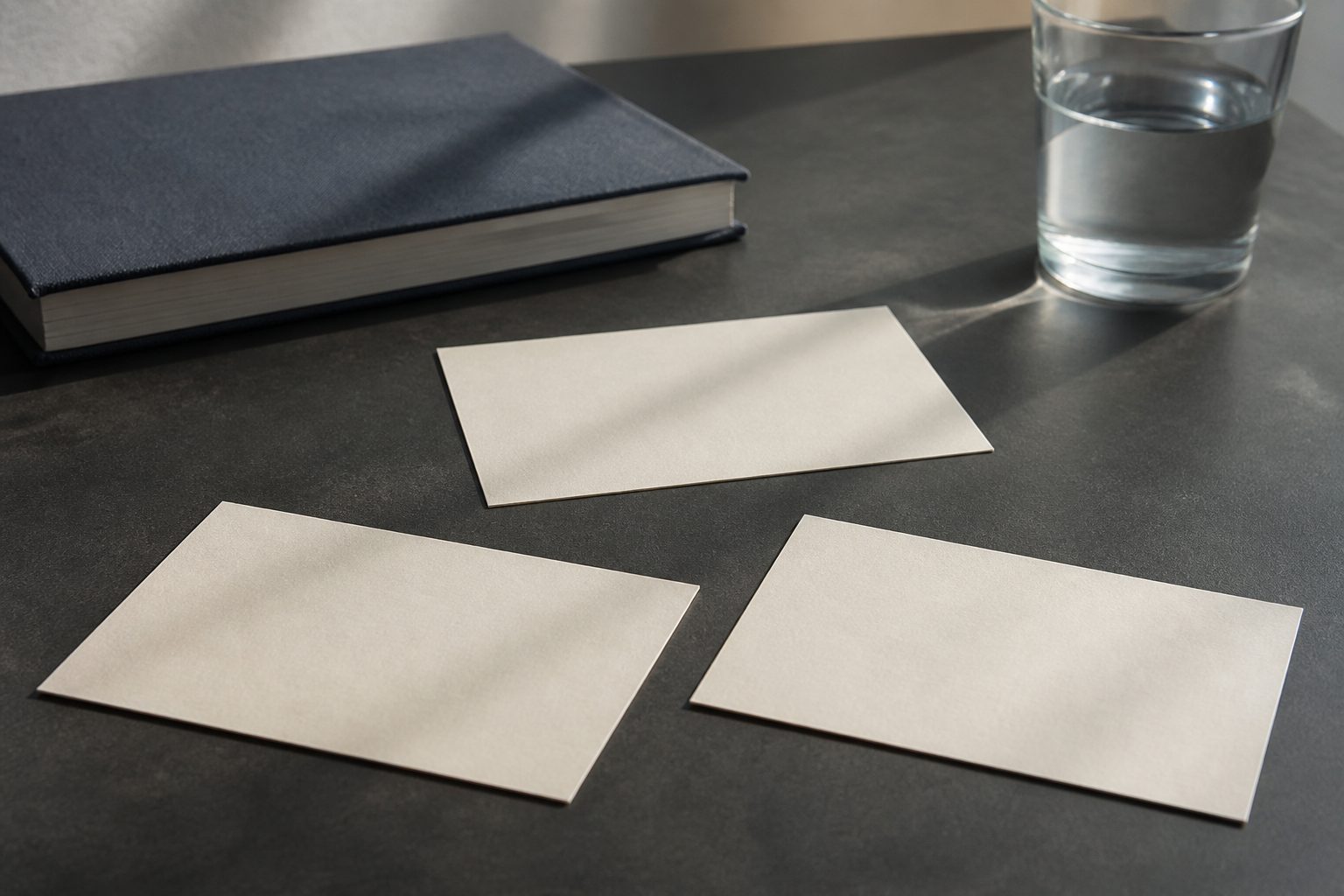 Three blank cream cards laid apart on a dark desk, with a closed notebook and a glass of water behind them