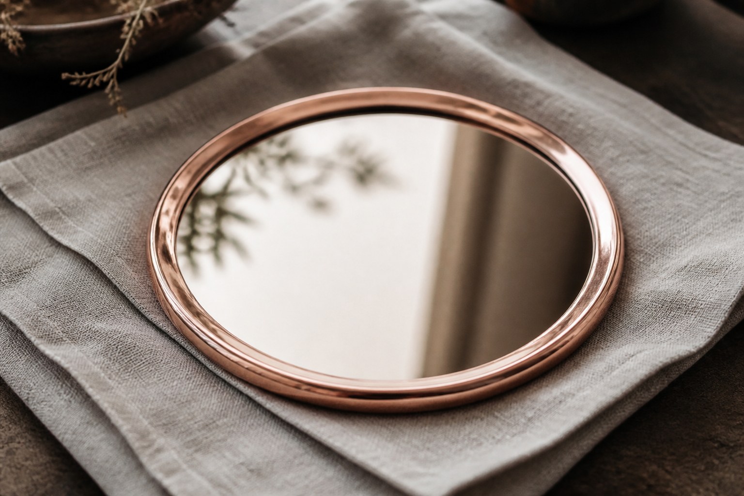 A hand polished copper mirror lying face up on folded linen, catching soft light