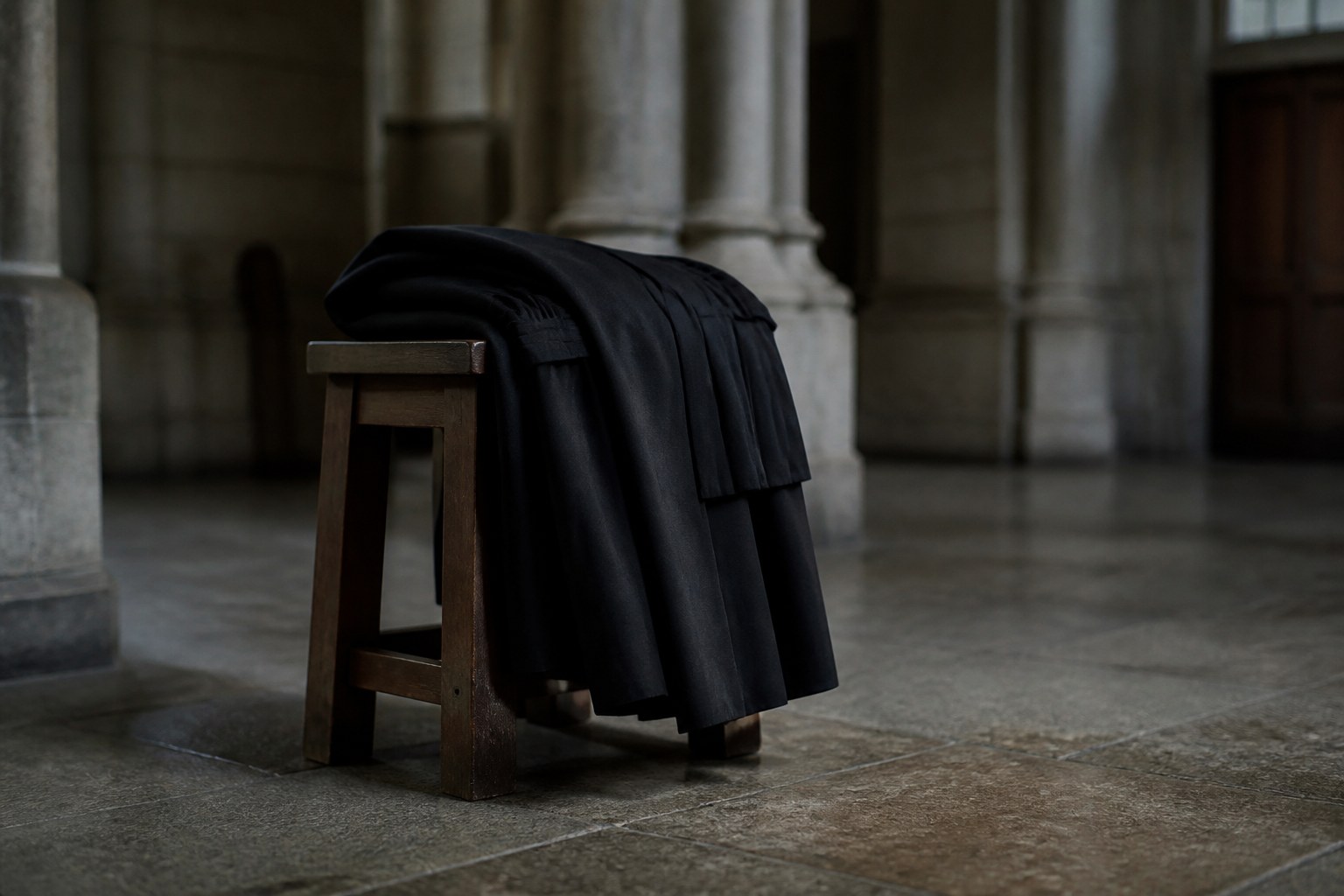 A heavy folded court robe laid over a plain wooden stool in an empty stone hall
