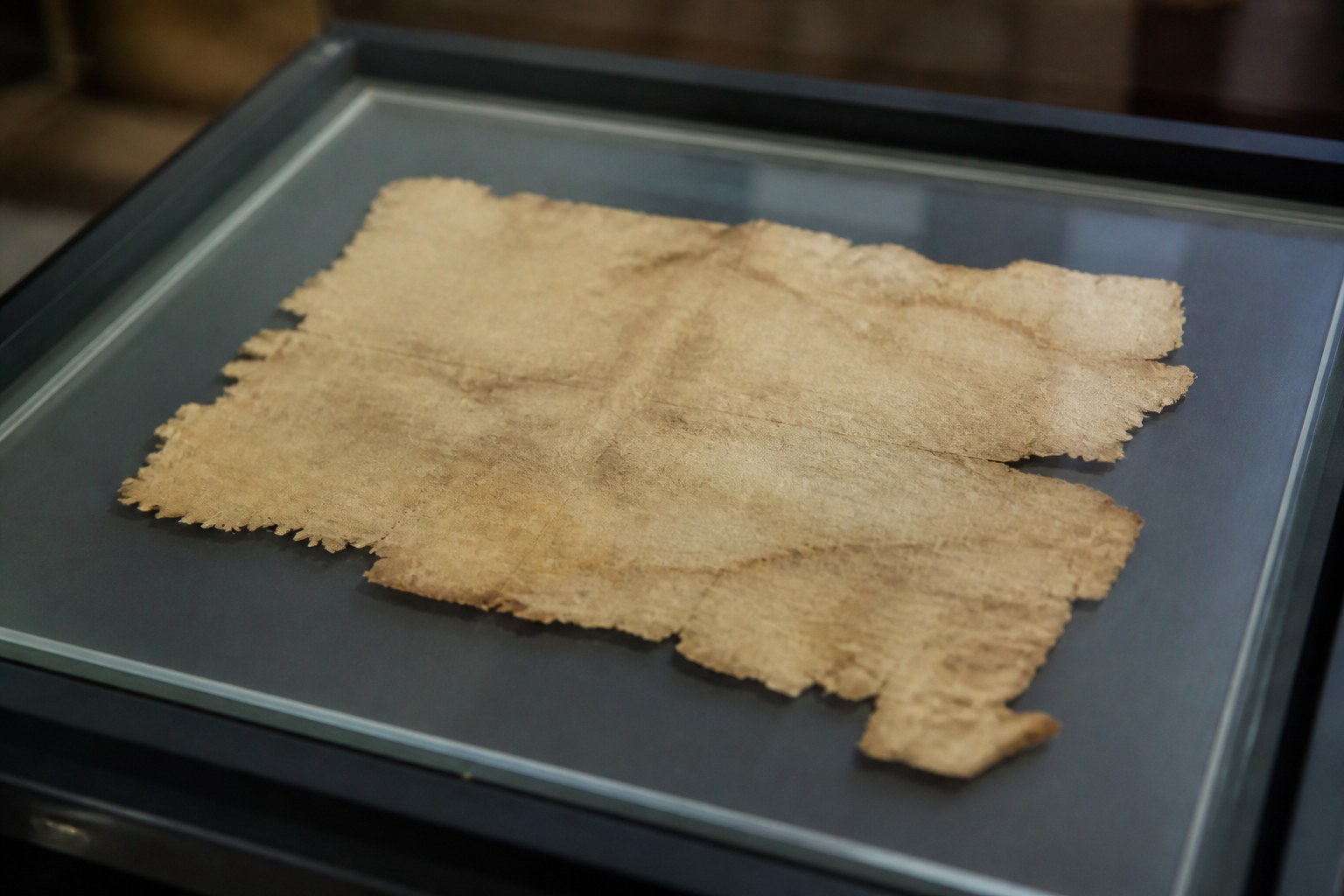A torn edged fragment of old parchment mounted flat under a sheet of glass