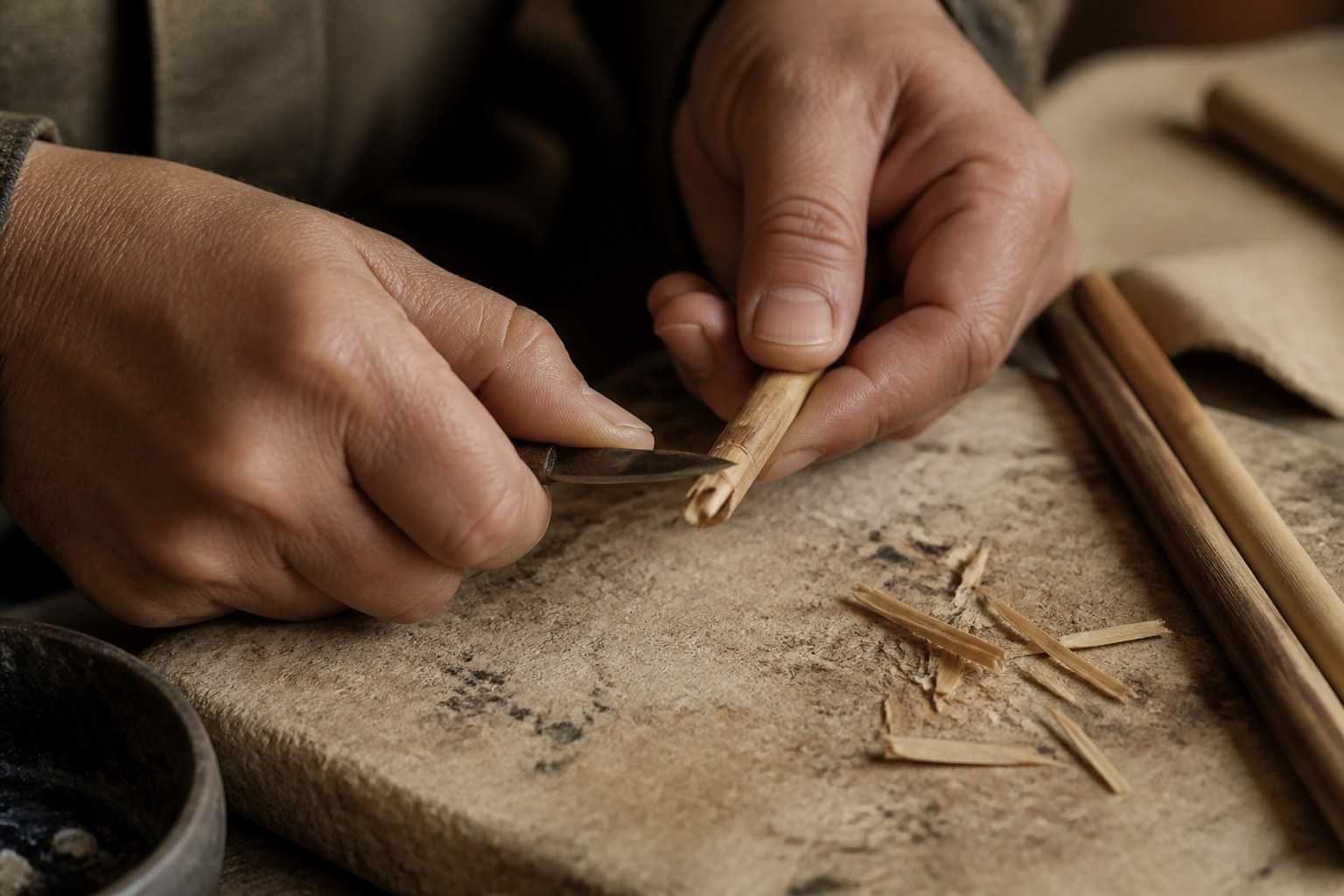 Hands trimming a reed pen to a nib with a small knife, cut shavings on the block