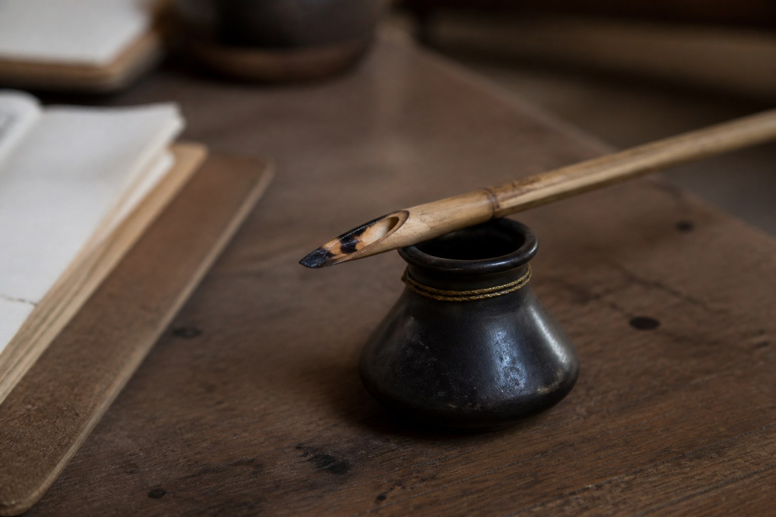 A cut reed qalam pen resting across an inkwell on a low wooden table