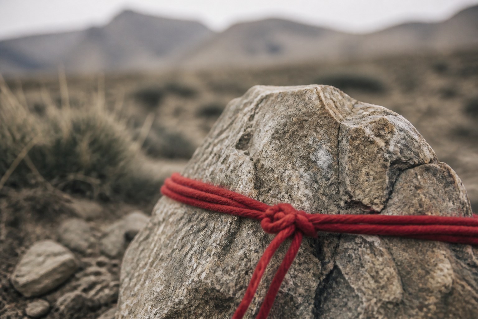 A length of scarlet wool cord tied around a bare rock in dry wilderness country