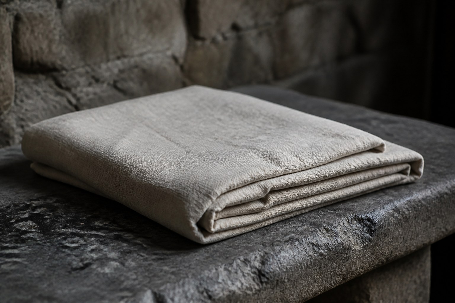 A folded plain linen shroud cloth resting on a cold stone bench