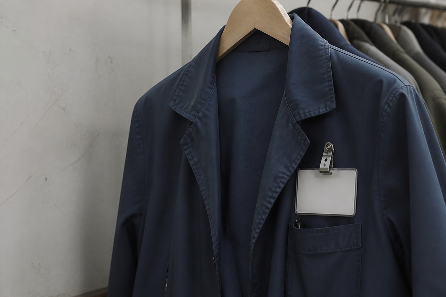 A blank name badge pinned to an empty uniform jacket on a rail