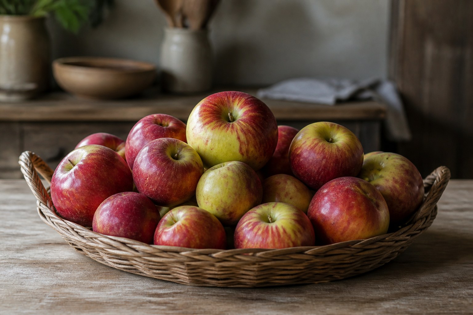A wide shallow basket heaped with apples standing on a scrubbed kitchen table