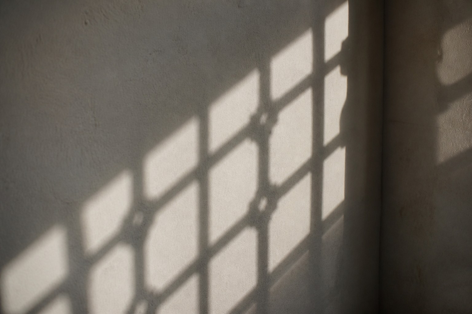 The hard edged shadow of a window lattice cast across a plain plaster wall