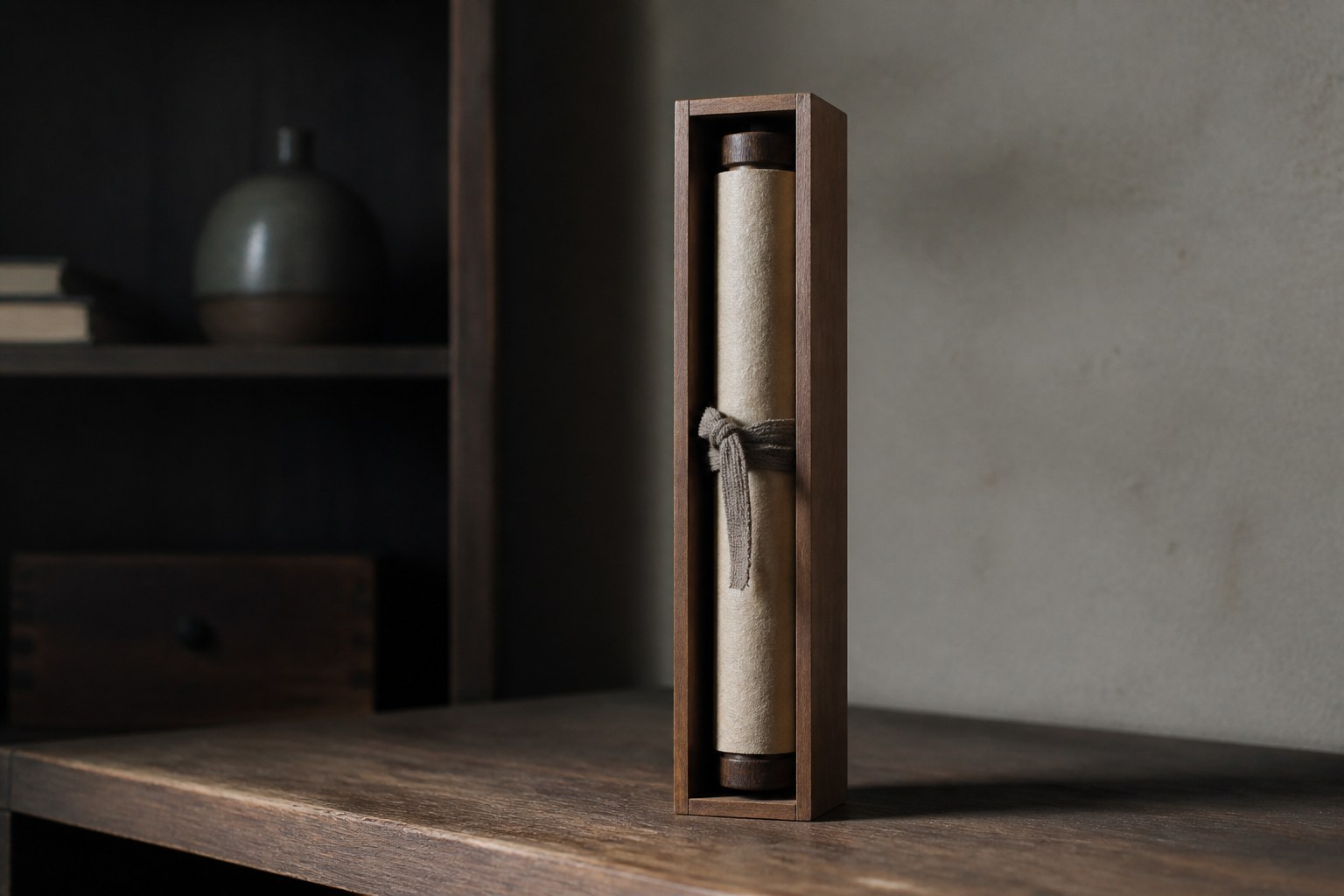 A closed scroll in a fitted wooden case standing upright on a shelf