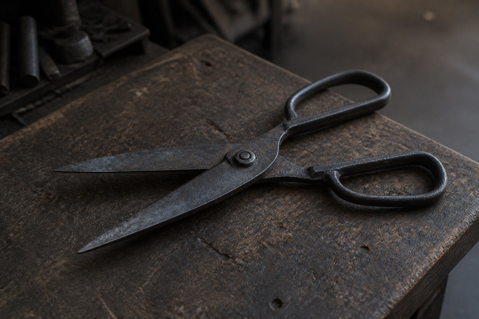 A pair of heavy old iron shears lying open on a workbench