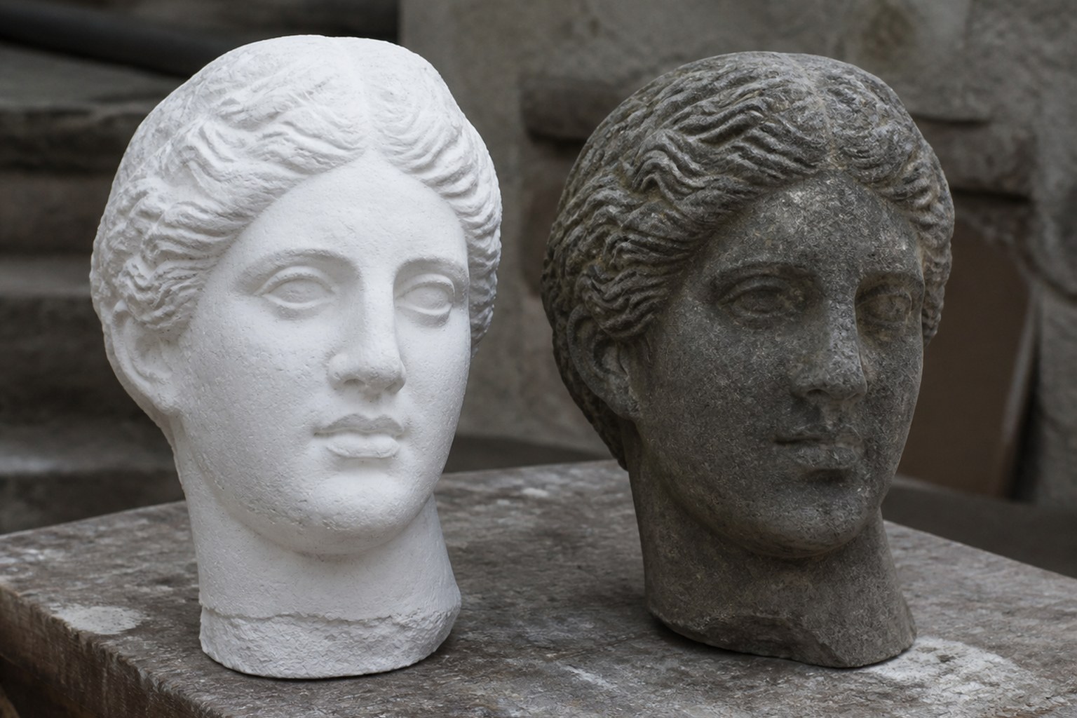 A plaster cast of a carved head beside the darker stone original