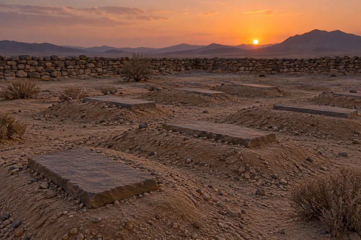 A small desert burial ground at dusk, plain unmarked stone slabs laid flat over low mounded earth in rough rows inside a dry stone wall