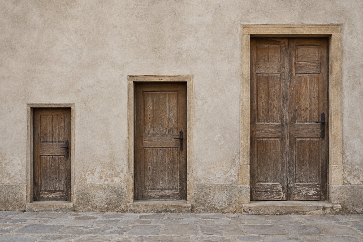 Three closed doors of increasing size set into a plain plaster wall, photographed straight on in flat daylight