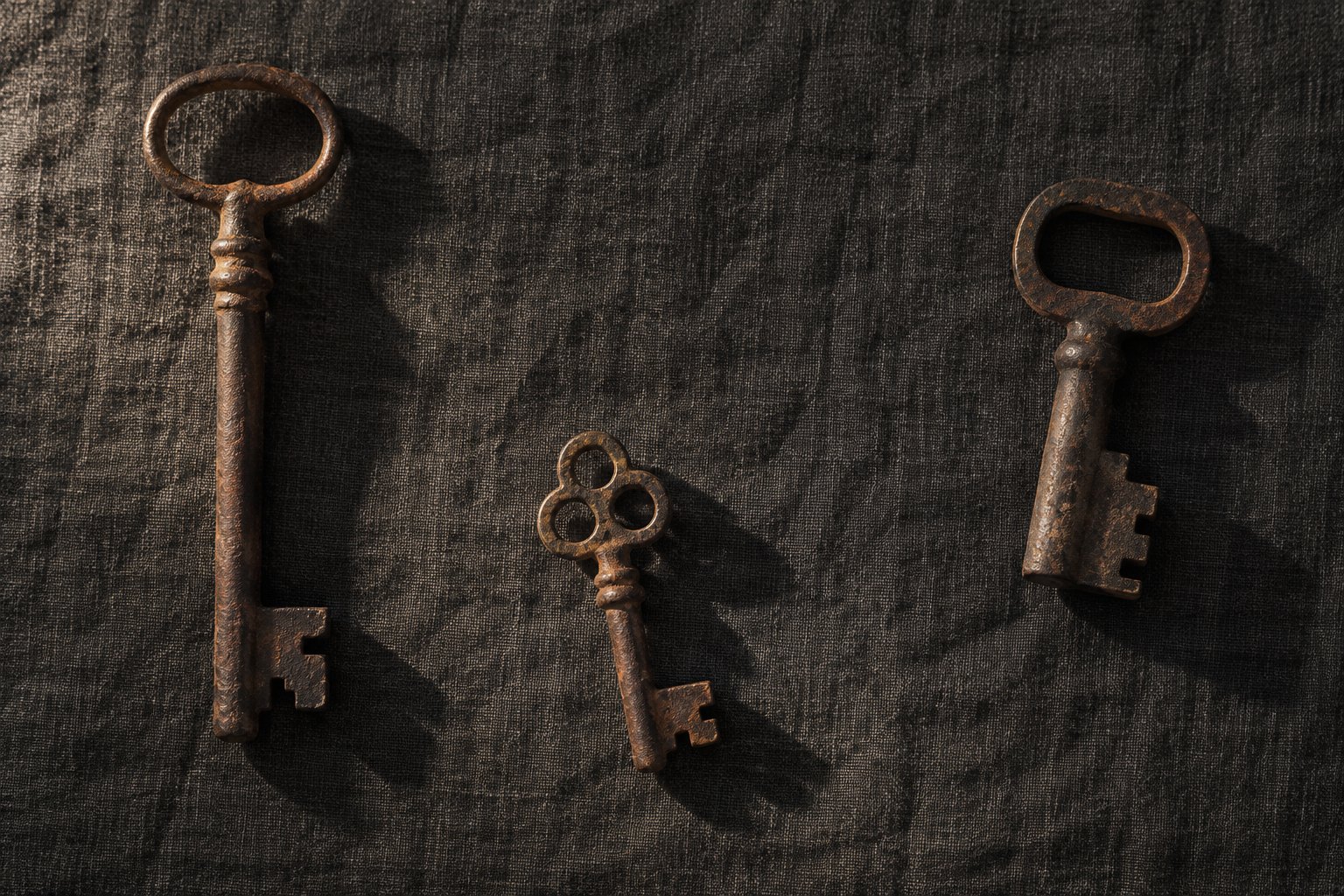 Three iron keys of different shapes laid apart on a dark linen cloth, photographed from above in low side light