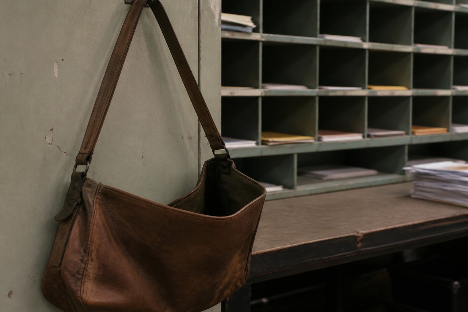 An empty leather postal satchel hanging on a hook by a sorting bench