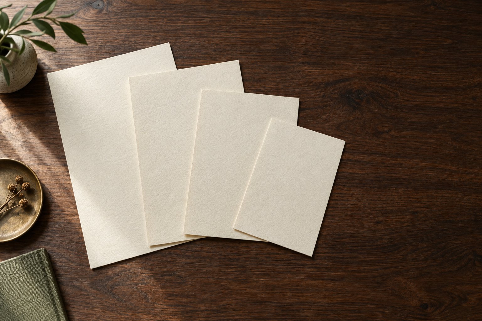 Four blank paper slips of slightly different sizes fanned across a dark desk, each partly overlapping the next
