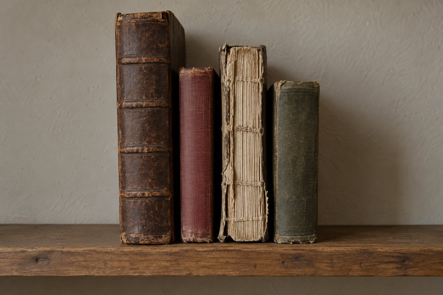 Four old books of different sizes and bindings standing on a plain wooden shelf, one with its spine gone and its sewn page block exposed