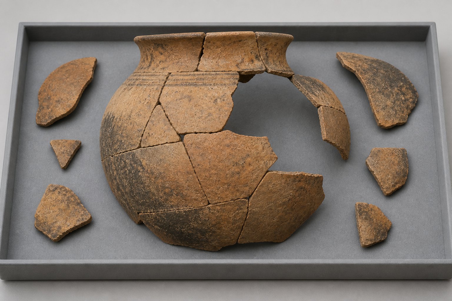 Broken sherds of a single earthenware jar laid on a grey conservation tray, partly fitted together with open gaps where pieces are missing
