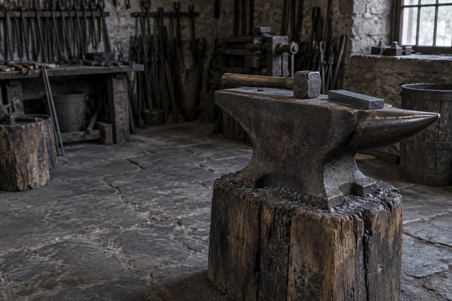 A cold blacksmith's anvil on a worn timber stump in an unlit workshop, a heavy hammer resting on its face beside a plain unworked iron billet
