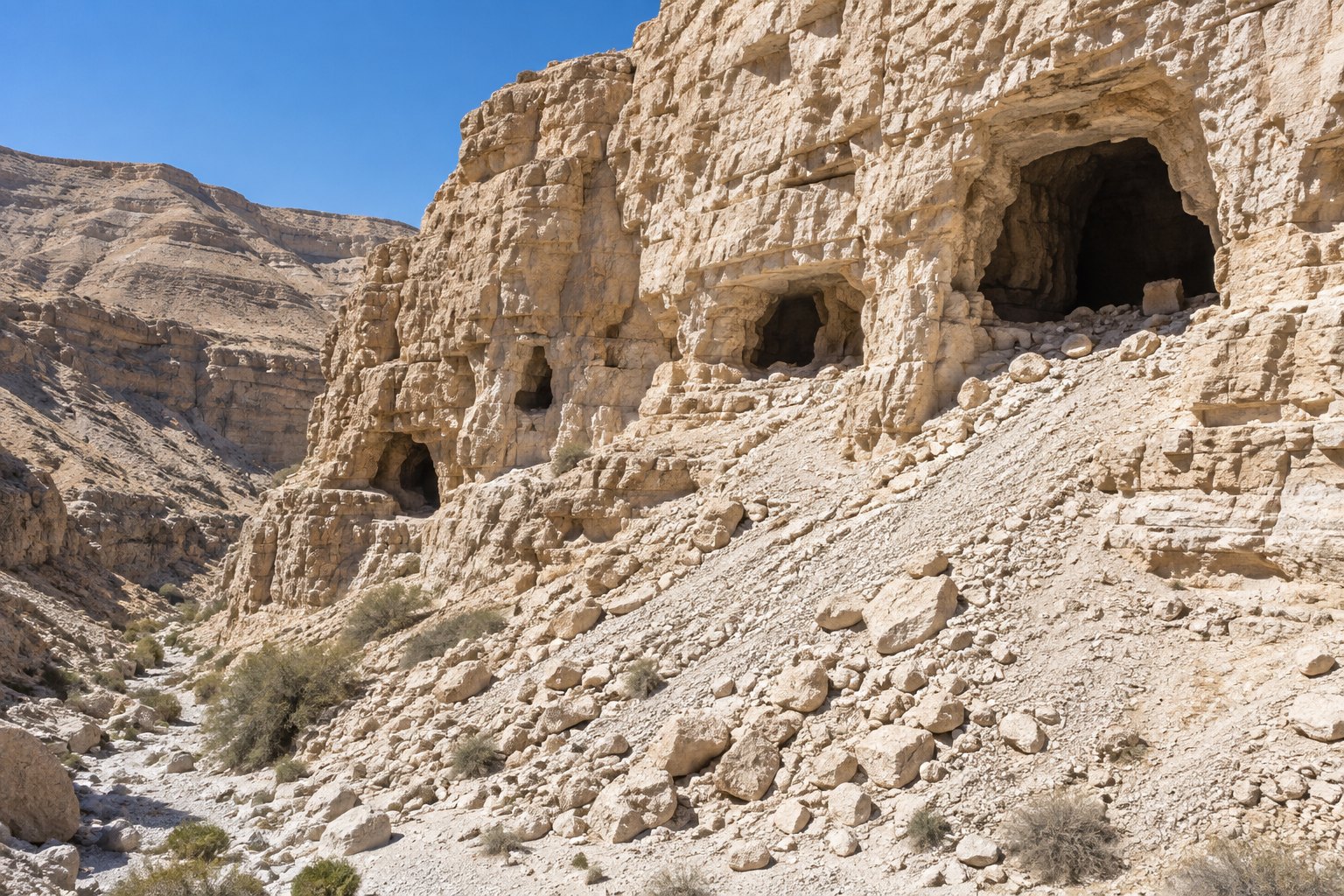 Pale limestone cliffs in a dry desert canyon with several dark cave openings in the rock face above a scree slope